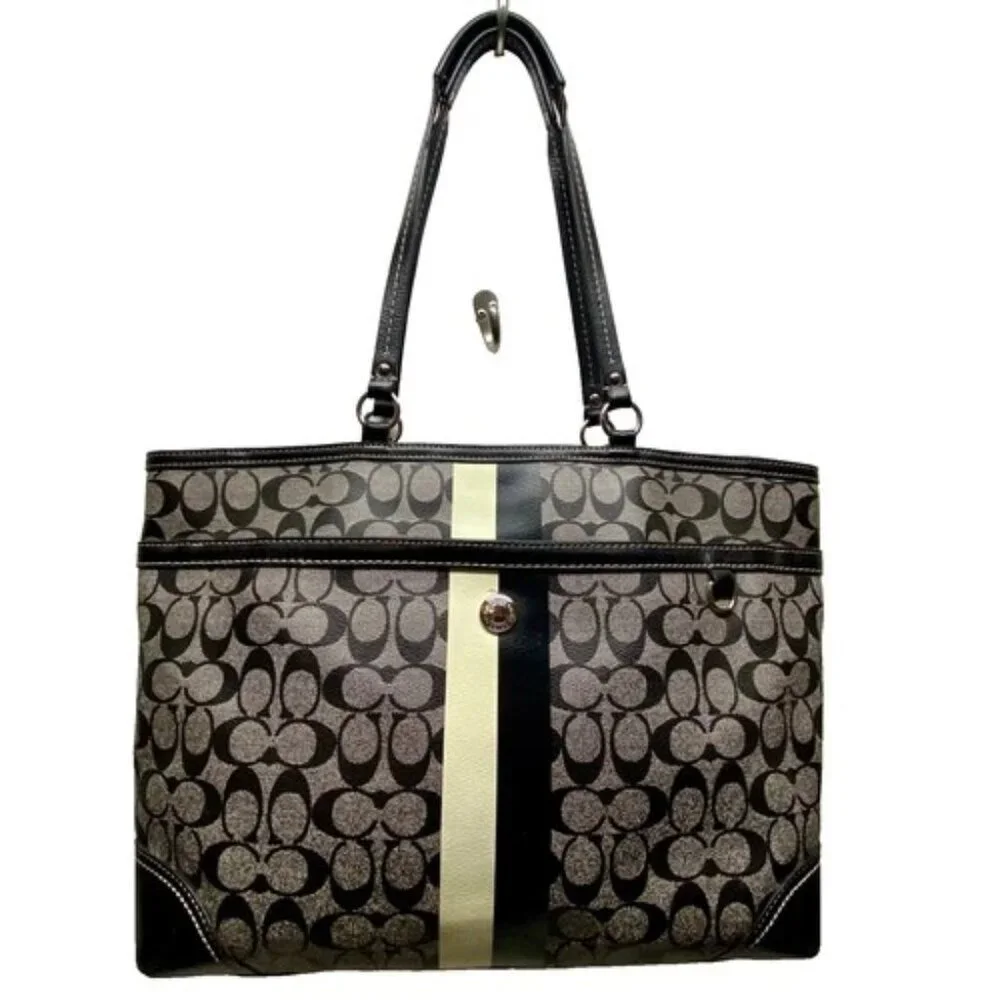 Coach Chelsea Heritage Tote F14475 Large Black‎ Signature Stripe Baby Bag Purse